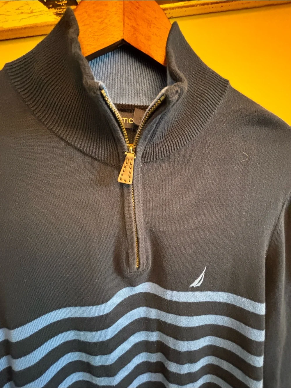 Nautica Men’s Black Half-Zip Sweater with Blue Stripes